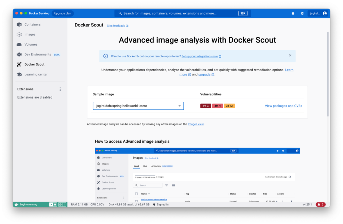 Docker Scout の Advanced Image Analysis ページを示すスクリーンショット。