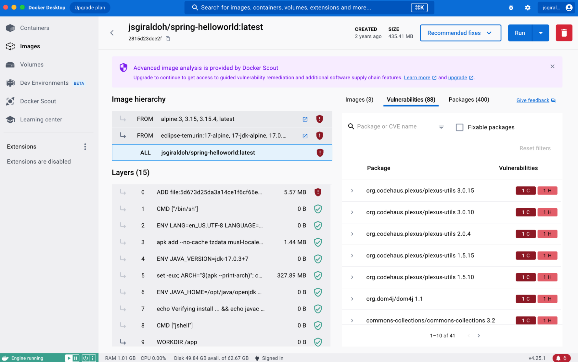 Docker Scout のスクリーンショットとパッケージとレイヤーのビュー。