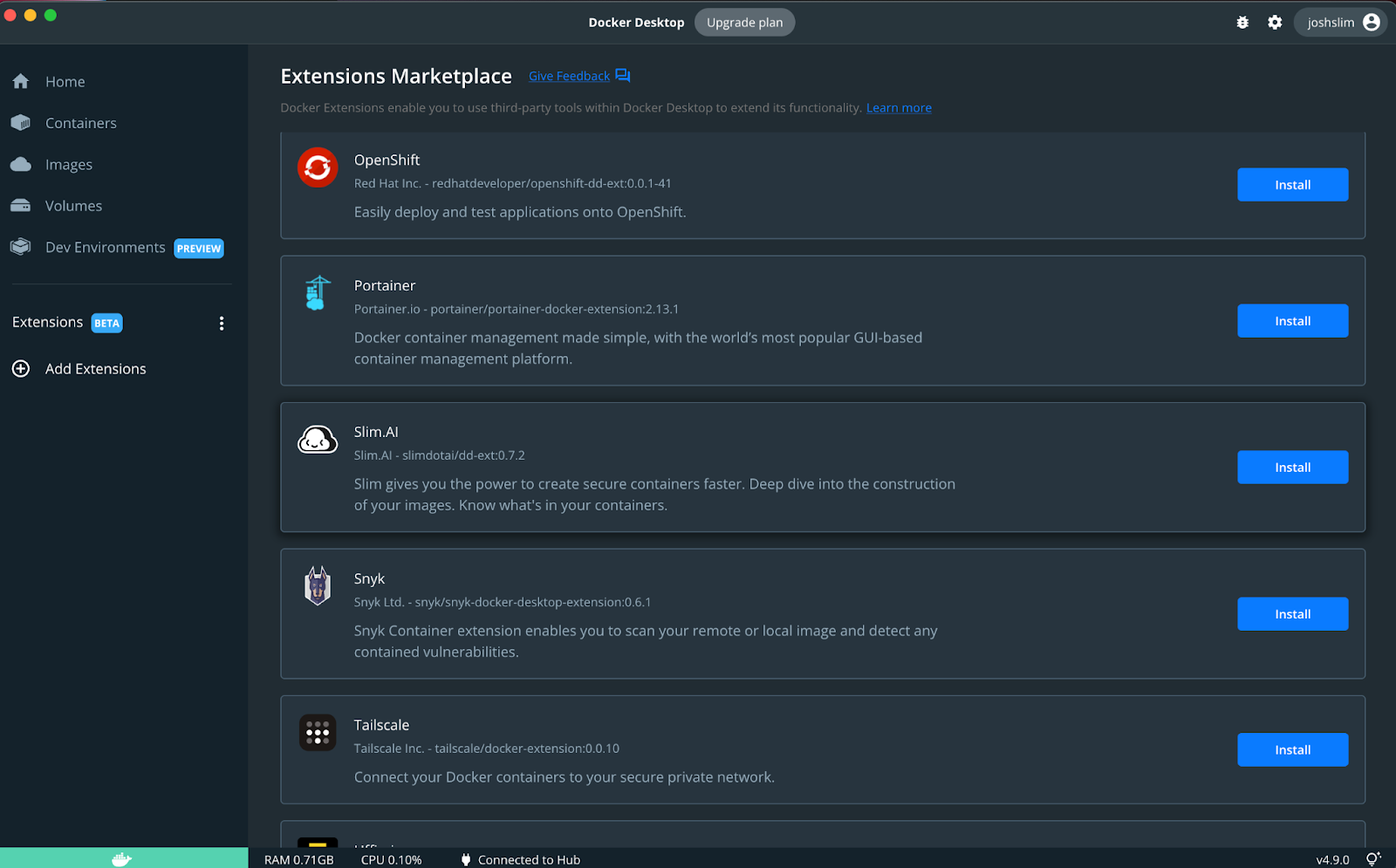 このスクリーンショットは、Docker Desktop Extensions Marketplace と、選択できる拡張機能の一覧を示しています。