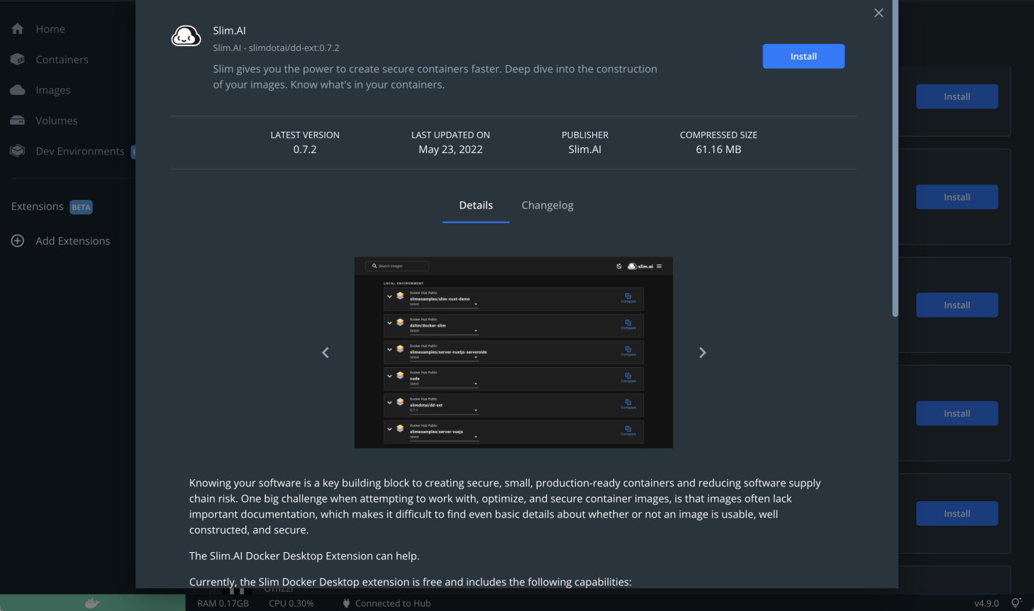 この Docker Desktop のスクリーンショットは、Slim.AI 拡張機能のダウンロード ページです。