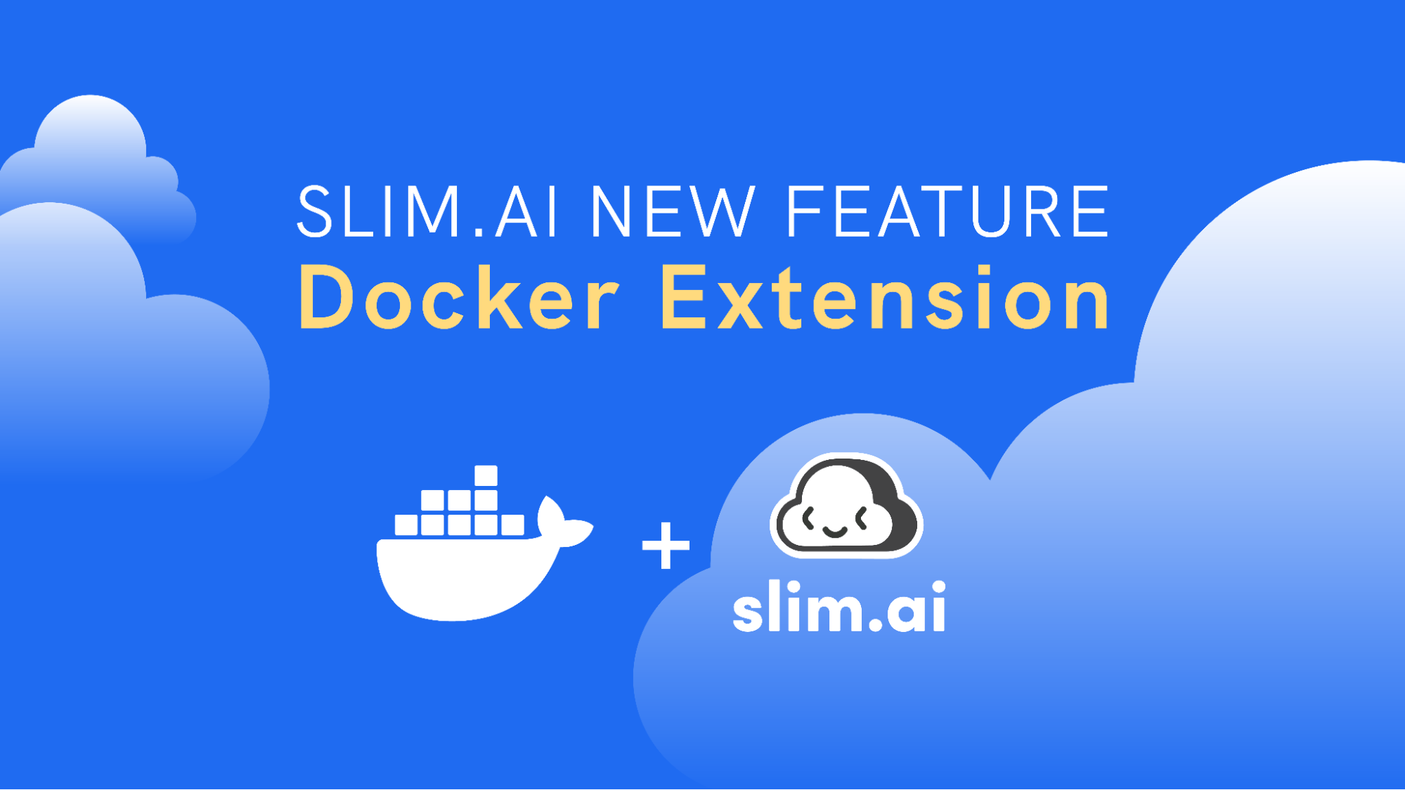 この画像は、Docker と Slim.AI の 2 つのロゴを示しており、その上に "Slim.AI New Feature Docker Extensions" というタイトルが付いています。