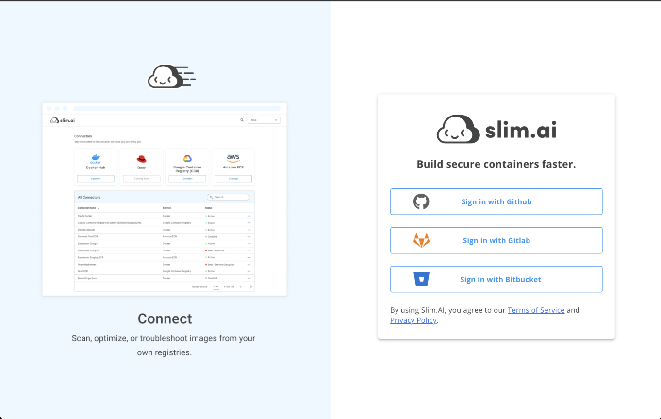 この画像は、Github、Gitlab、Bitbucket などのサインイン オプションを提供する Slim.AI サインイン ページのスクリーンショットです。