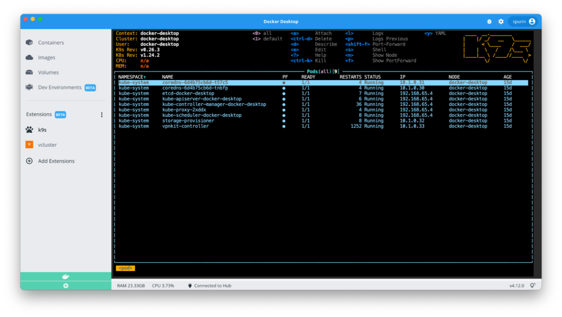 k9s 拡張機能を実行している Docker Desktop。