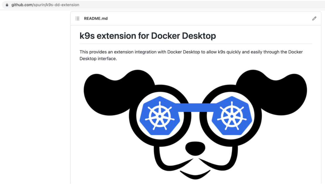 GitHub にある README.md ファイルでは、Docker Desktop の k9s 拡張機能の詳細が説明されています。 