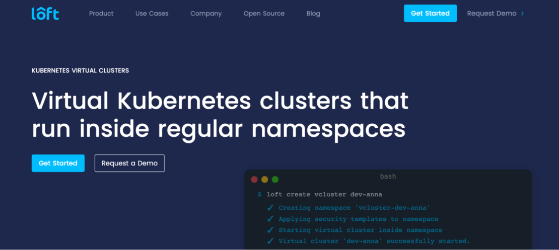 Loft の Web サイトのホームページでは、通常の名前空間内で実行される仮想 Kubernetes クラスターを宣伝しています。