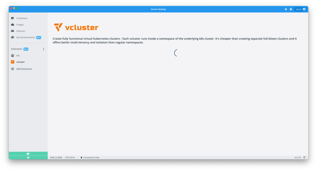 実行中の Kubernetes サービスを検索するときに読み込み画面を表示する Docker Desktop vcluster 拡張機能ペイン。 