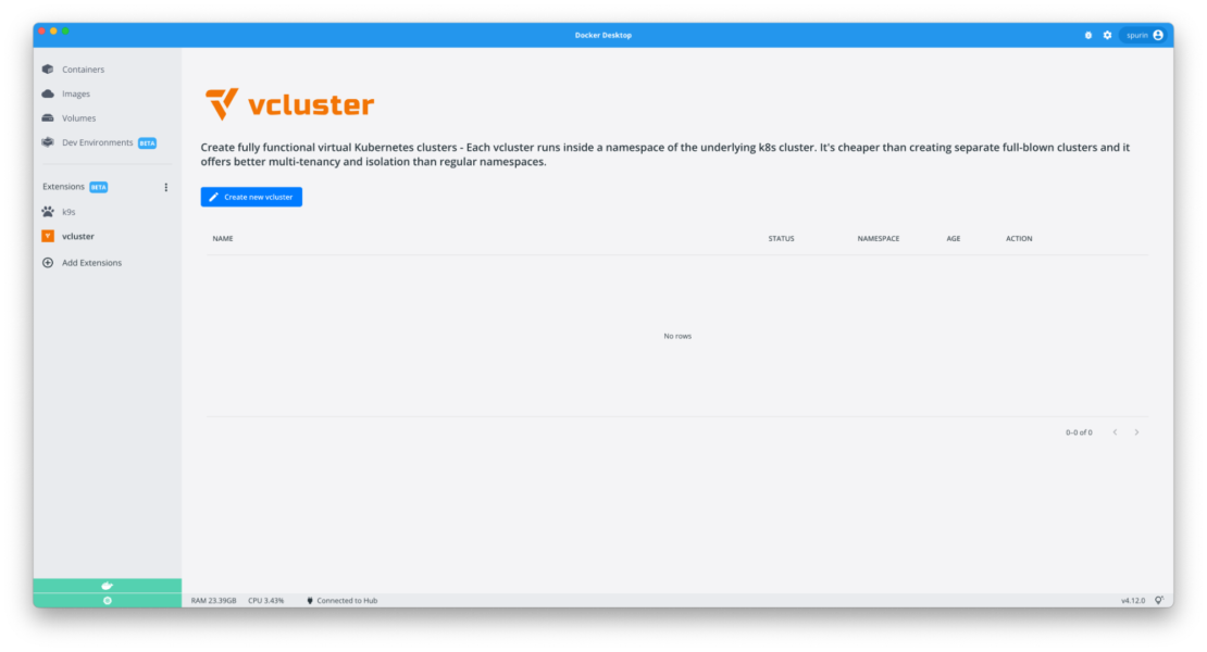 実行中の Kubernetes サービスの一覧を表示する Docker Desktop vcluster 拡張機能ペイン。 