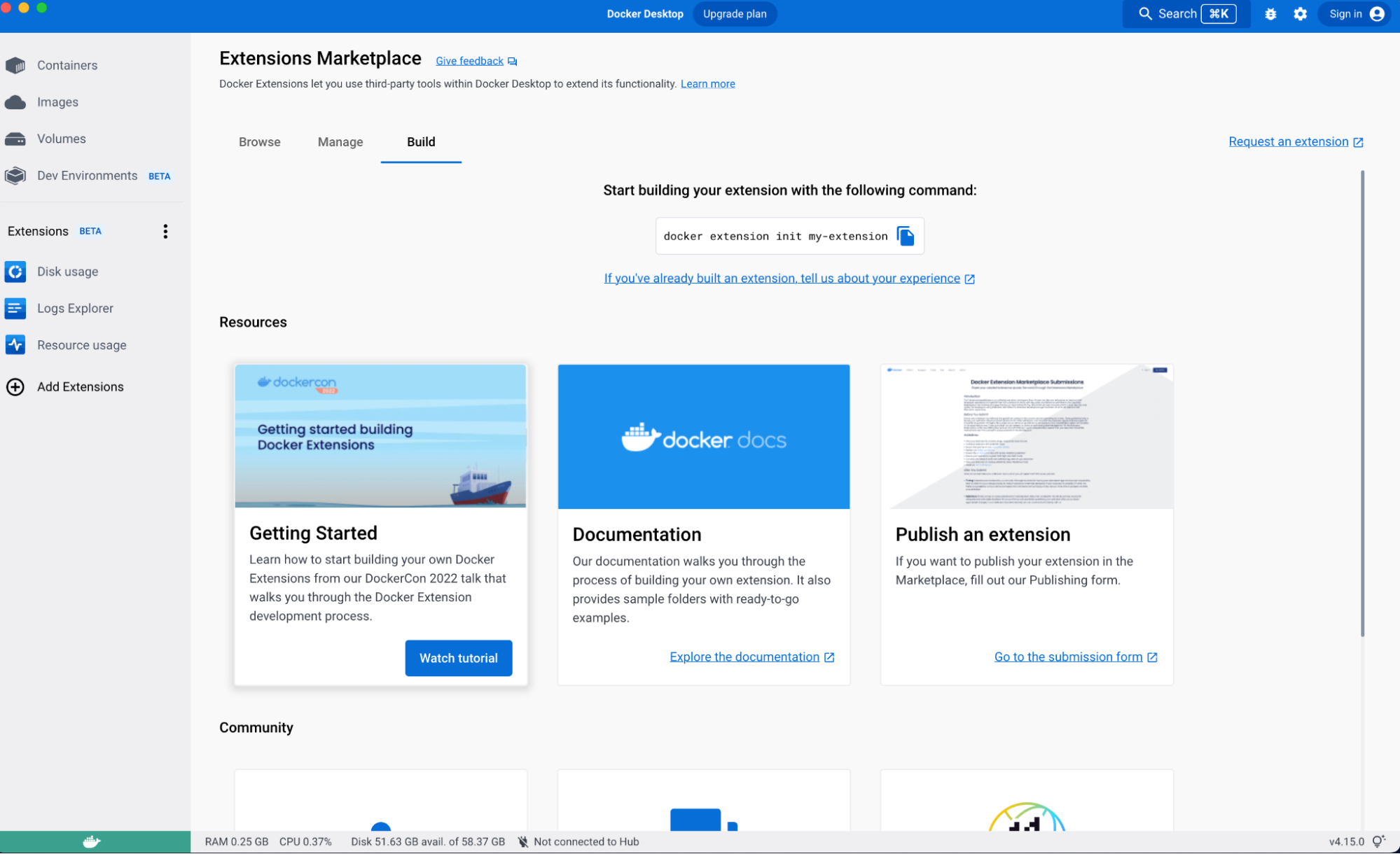 Docker Desktop Extensions Marketplace の [ビルド] タブ。