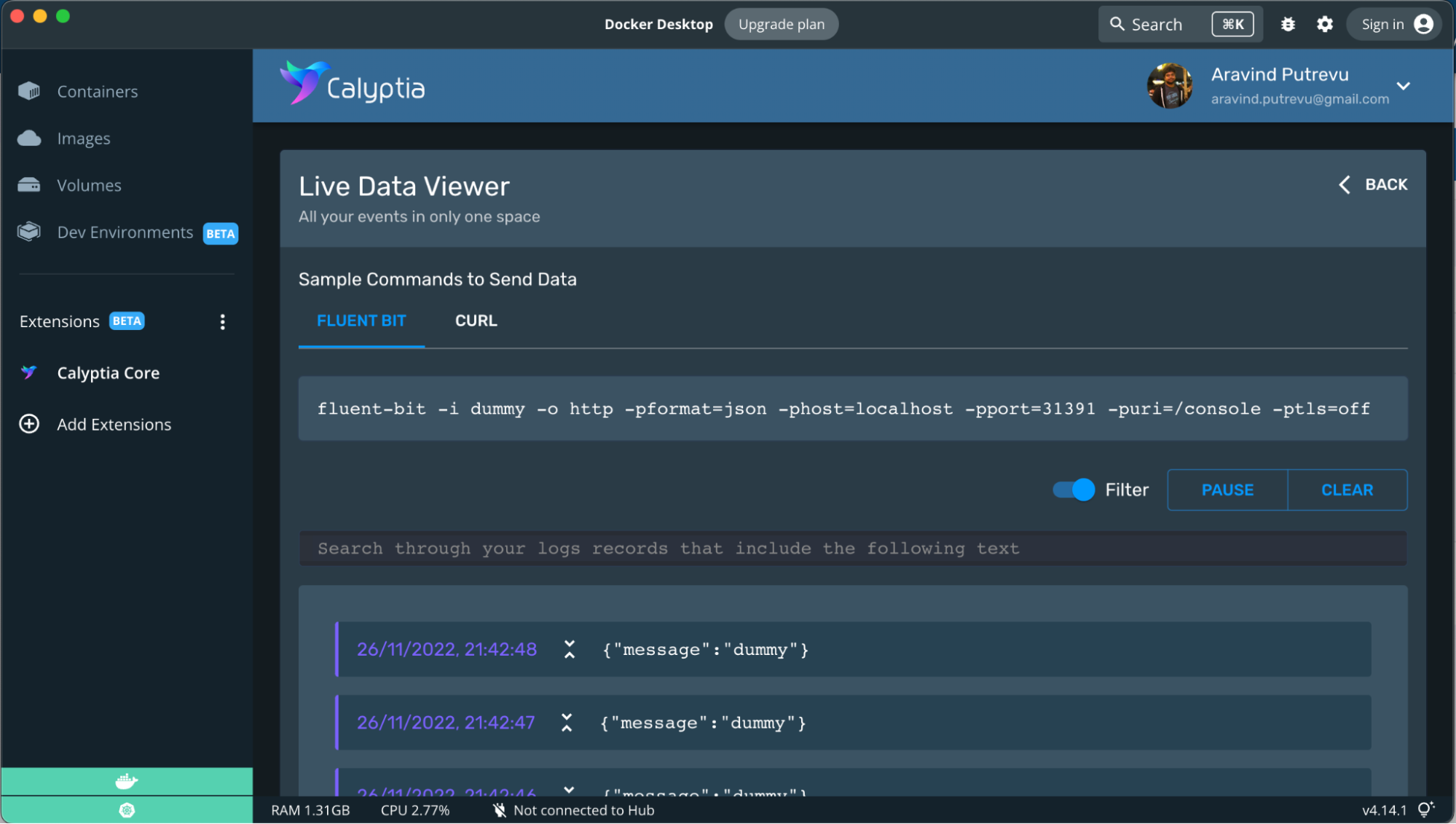 Calyptia Core Docker 拡張機能のライブ データ ビューア。