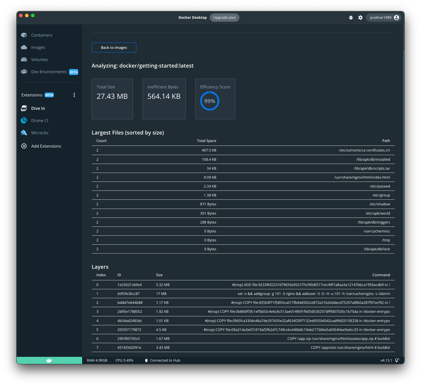 Dive-In Docker 拡張機能の使用