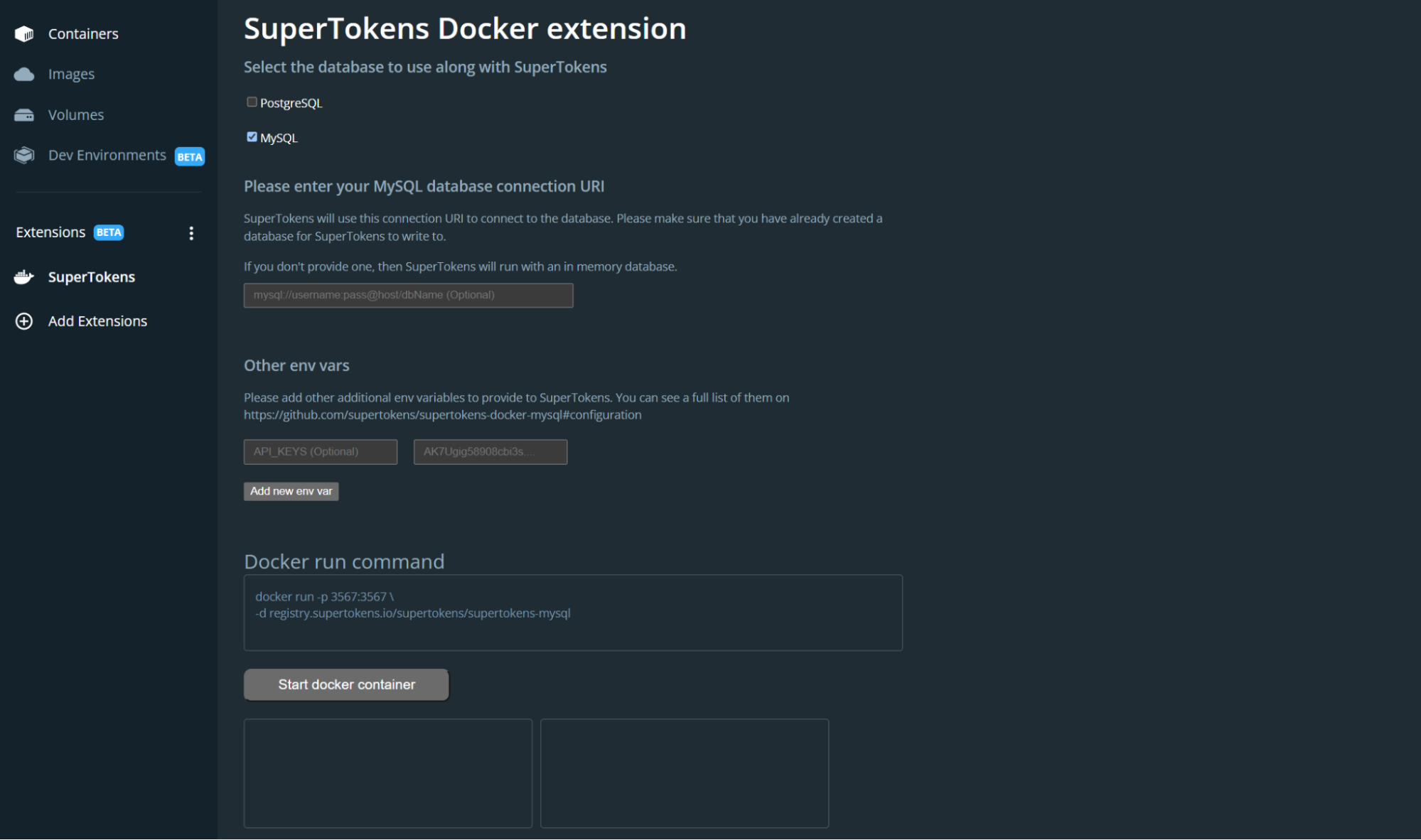 SuperTokens コアを Docker 拡張機能で設定します。