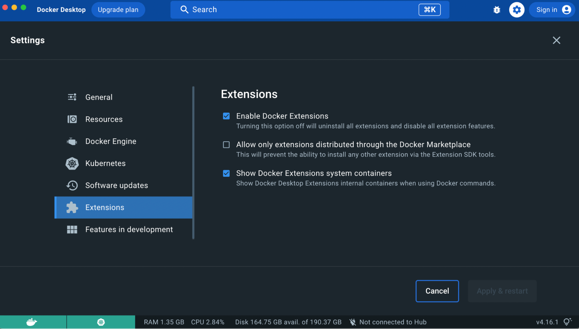 Docker Desktop の [設定] で Docker 拡張機能を有効にします。