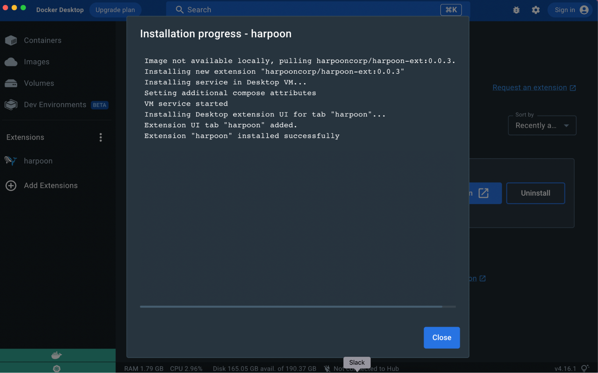 Harpoon Docker Extensionのインストールプロセス。