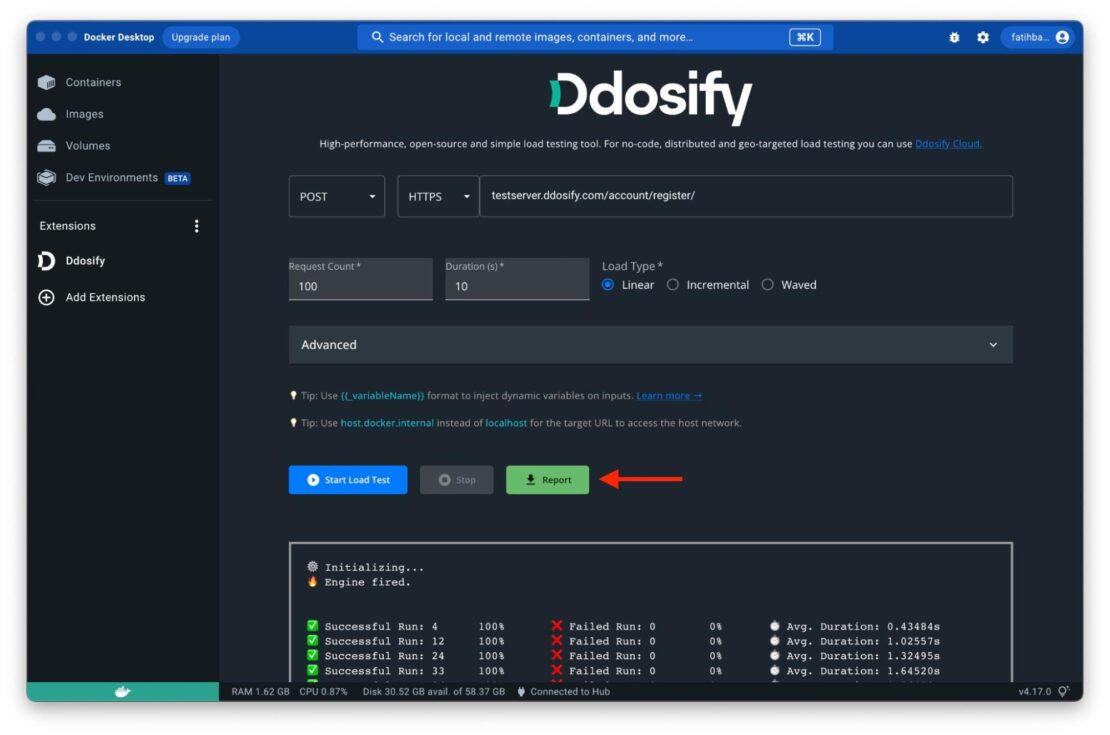 結果をPDFファイルとして保存するためにクリックする[レポート]ボタンを示すスクリーンショット。