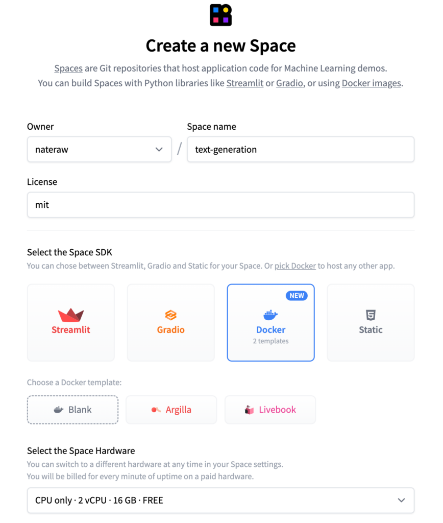 名前、ライセンスを追加し、SDK を選択できる Spaces インターフェースのスクリーンショット。