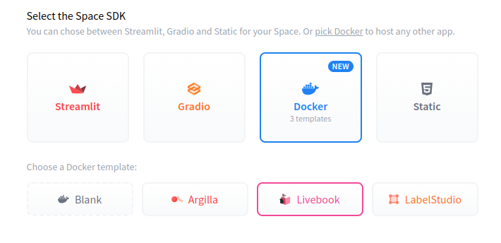 Space SDK を選択するオプションを示す画面で、Docker テンプレートと 3 テンプレートが選択されています。