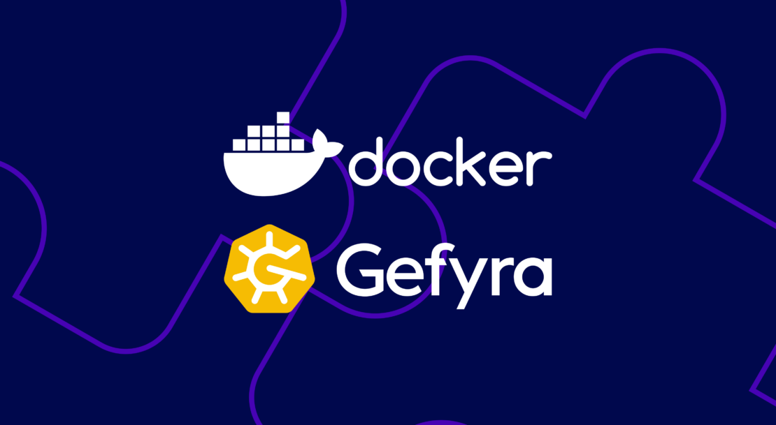 暗い背景に Gefyra と Docker のロゴ、2 つのパズルのピースの明るい紫色の輪郭