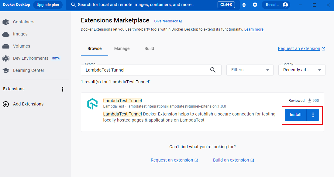 LambdaTest Tunnel の青い [インストール] ボタンを示す Extensions Marketplace のスクリーンショット。