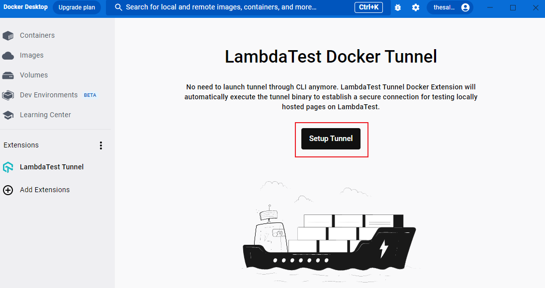 LambdaTest Tunnel セットアップ ページのスクリーンショット。