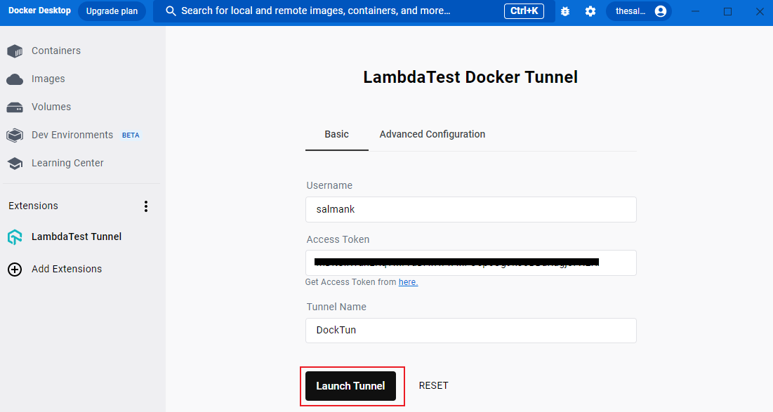 黒い[Launch Tunnel]ボタンが表示されたLambdaTest Docker Tunnelページのスクリーンショット。