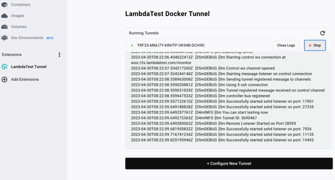 実行中のトンネルのリストを含む LambdaTest Docker トンネル ページのスクリーンショット。