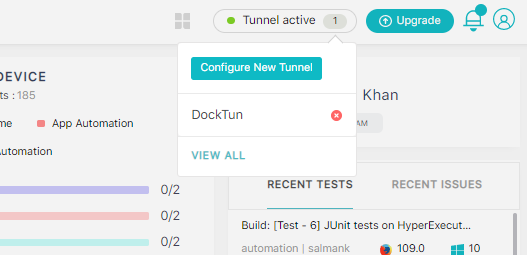 LambdaTest ダッシュボードの新しいアクティブトンネルのスクリーンショット。