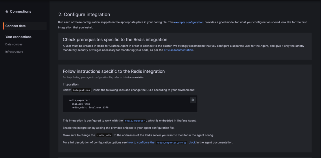 Redis 統合の構成を示す Connections コンソールのスクリーンショット。
