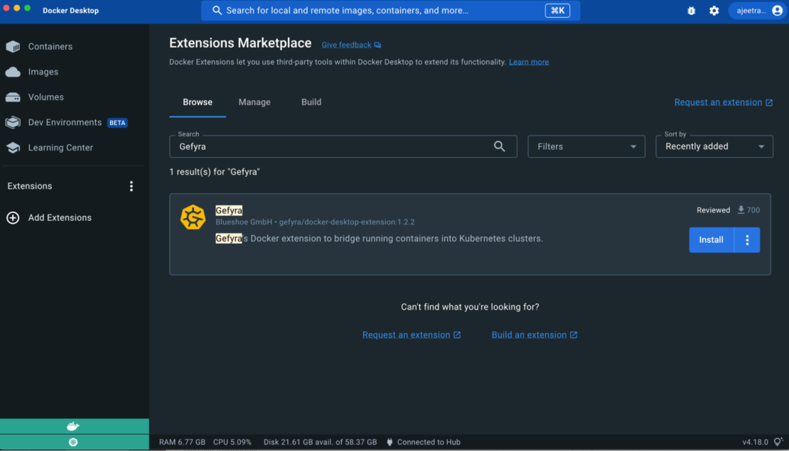 Docker Extensions Marketplace で "Gefyra" を検索するスクリーンショット。