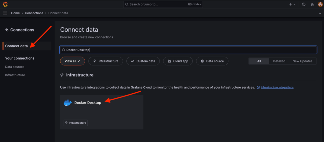 Grafana Cloud Connections コンソールのスクリーンショット。