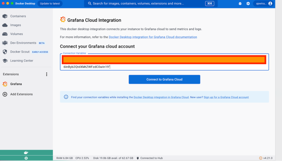 Docker Desktop 拡張機能と Grafana Cloud の接続を示すスクリーンショット。