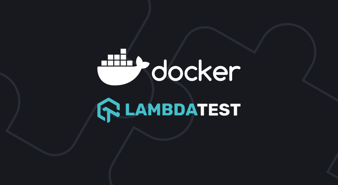 黒の背景に白のDockerロゴ、青のLambdaTestロゴ