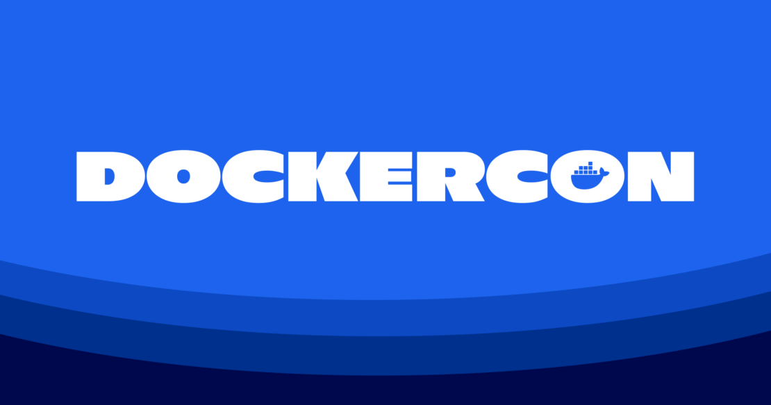 グラデーションの青い背景に白いDockerConテキストのグラフィック