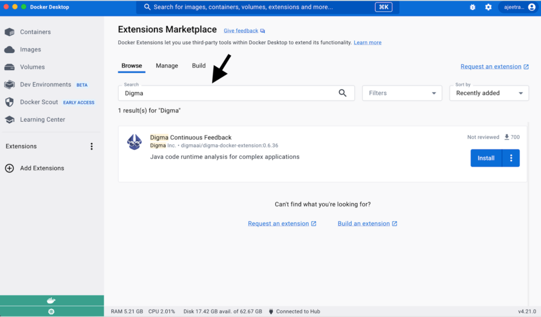 Digma の検索結果を示す Extensions Marketplace のスクリーンショット。