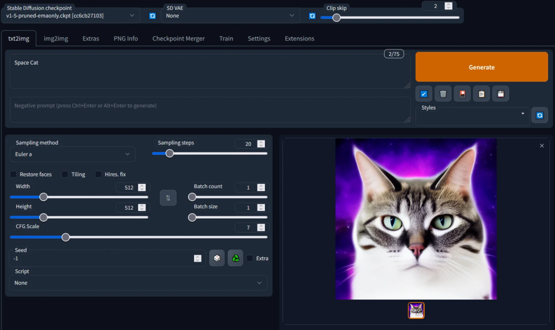 Stable Diffusion WebUIのスクリーンショットで、テキスト入力として「space cat」が表示され、紫色に光る背景に灰色と白の猫の画像が表示されます。