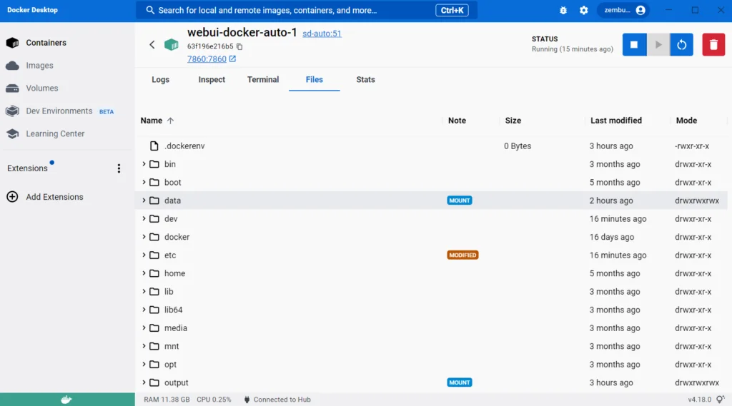 Docker Desktop のスクリーンショットで、Note 列の下に青色の MOUNT インジケーターが表示されています。