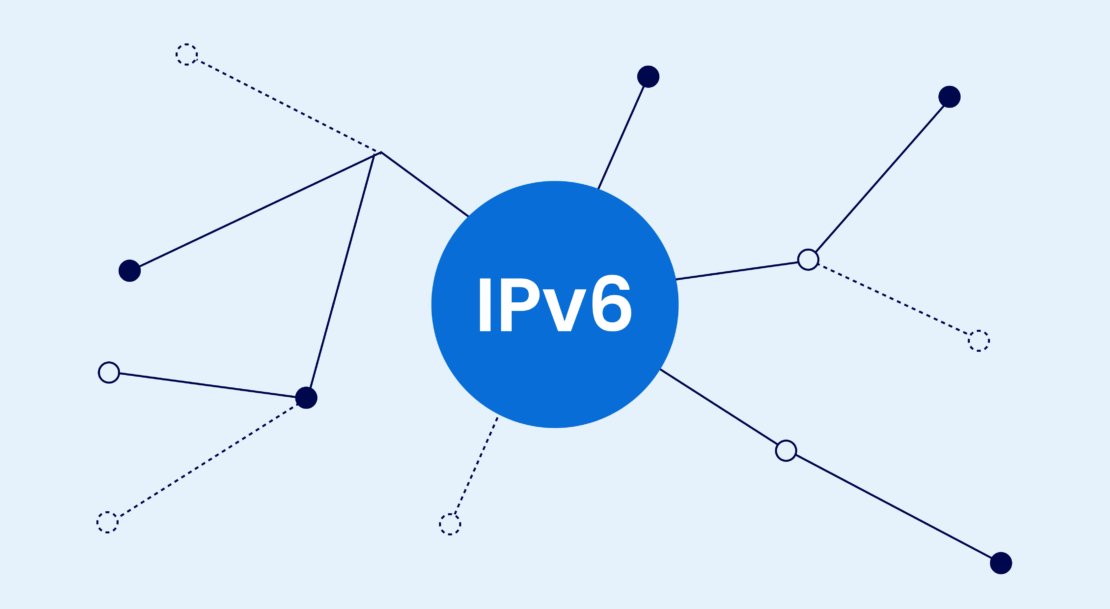 水色の背景にネットワーク線と青い円で IPv6 テキストを示すグラフィック