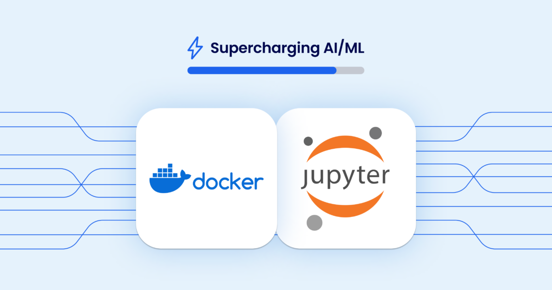 水色の背景に Docker と Jupyter のロゴが表示され、濃い青の線が交差します。