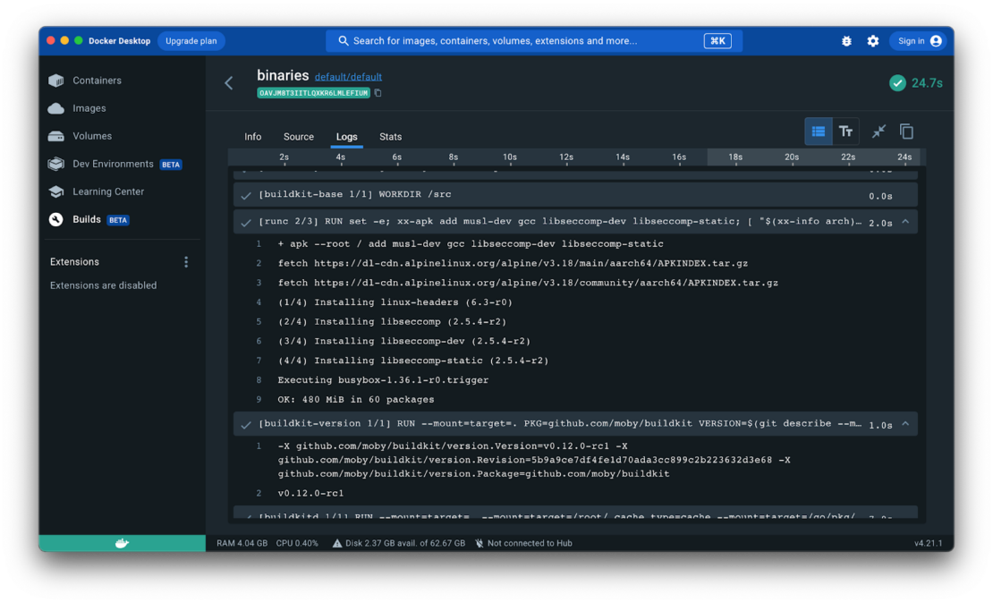 ビルド ビュー — ログが表示されるビルドの詳細