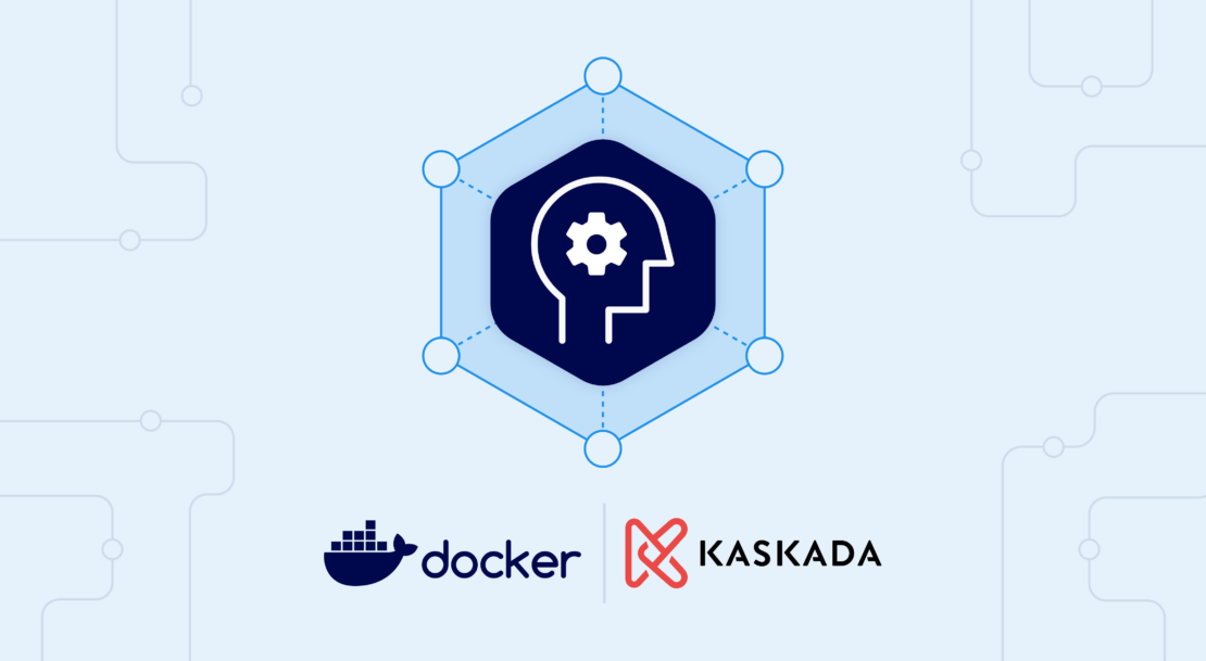 水色の背景に六角形の様式化された脳、DockerとKaskadaのロゴ