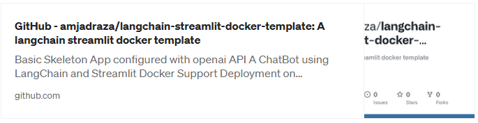  GitHubのプロジェクトの詳細を示す画像。 OpenAI API で構成された基本的なスケルトン アプリ。 LangChain、Streamlit、Dockerを使用したチャットボット。