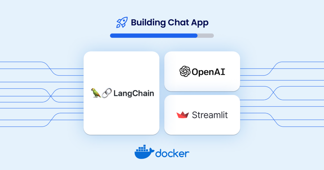 LangChain、OpenAI、Streamlitのロゴを青い背景に白いボックスで示したグラフィックと、Dockerのロゴと「Building Chat App」というテキスト。 