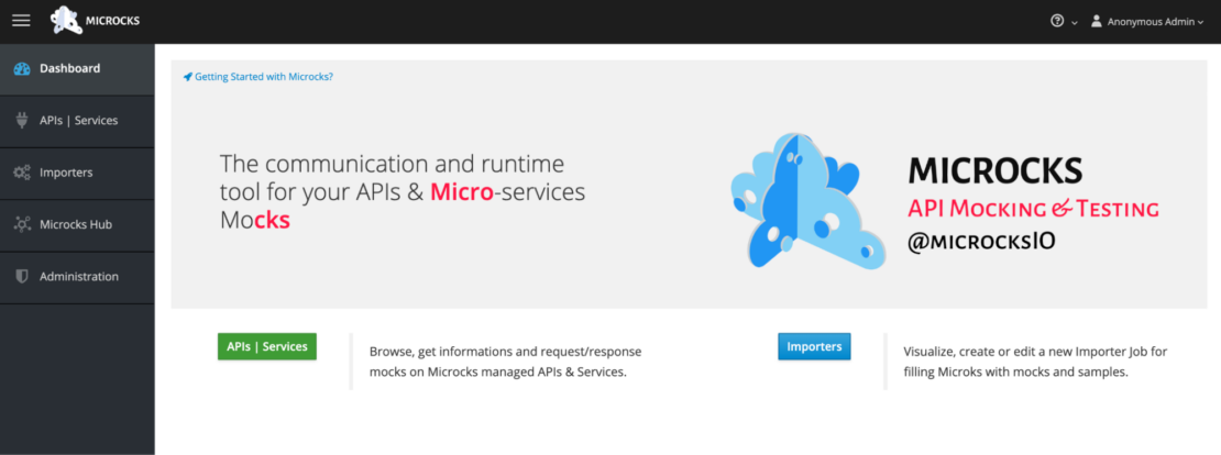 Microcks ダッシュボードのスクリーンショットには、API |サービス。 このオプションを使用すると、Microcks Managed APIs & Services で情報を参照、取得、要求/応答モックを取得できます。