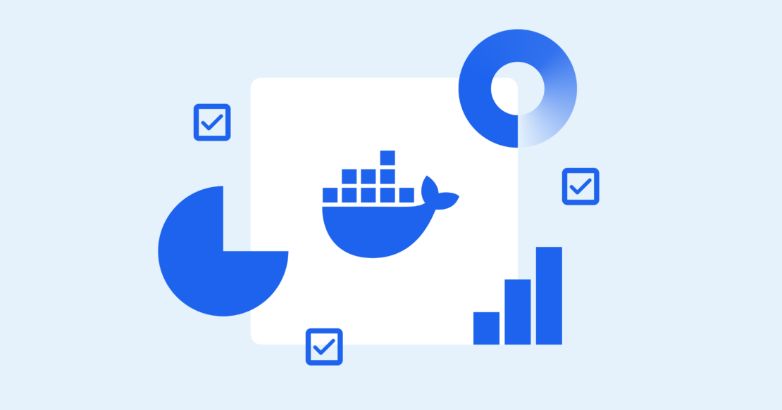 シンプルなチャートとグラフのアイコンで囲まれた白いボックスのDockerロゴ