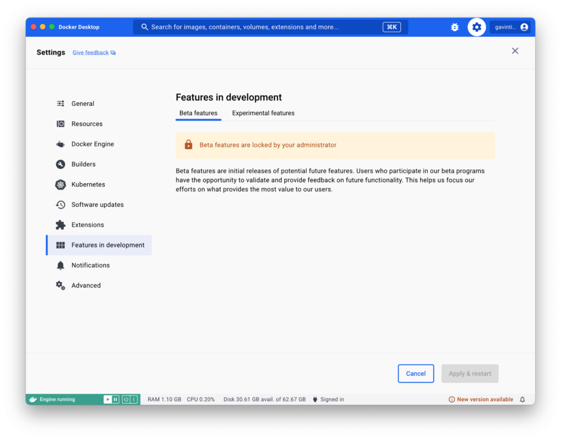 Docker Desktop のスクリーンショットで、ベータ機能が選択された状態で "Features in Development" が表示され、"Beta features are locked by your administrator" というコメントが表示されます。