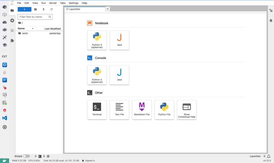 新しいカーネルのサポートが有効になっている JupyterLab のスクリーンショット。