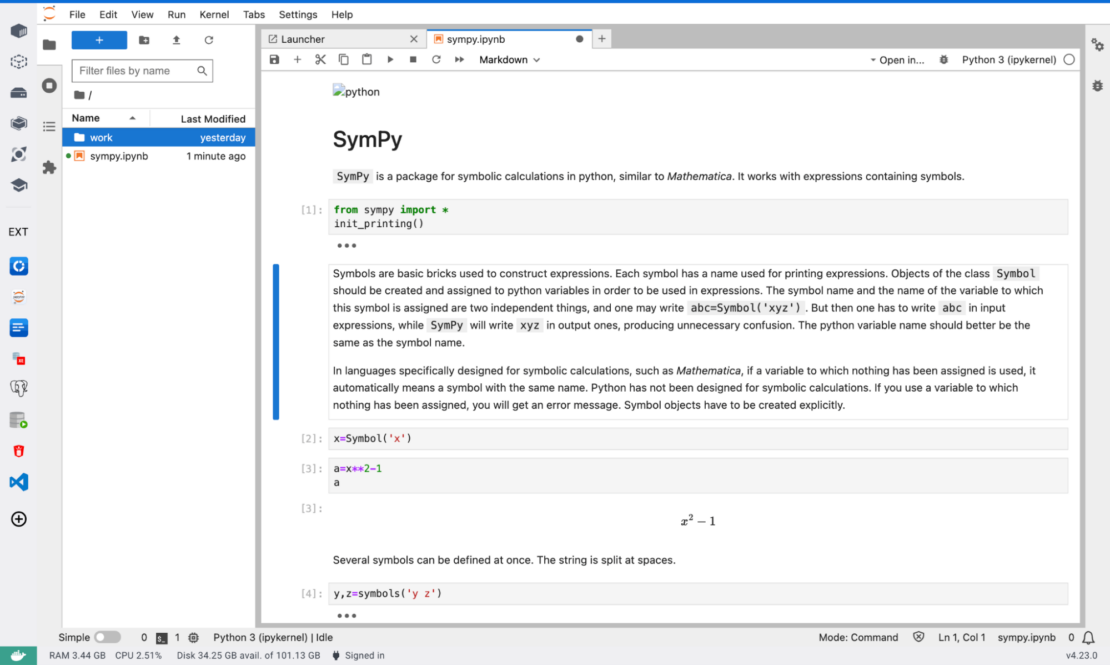 アップロードされたノートブックの SymPy の例を示すスクリーンショット。