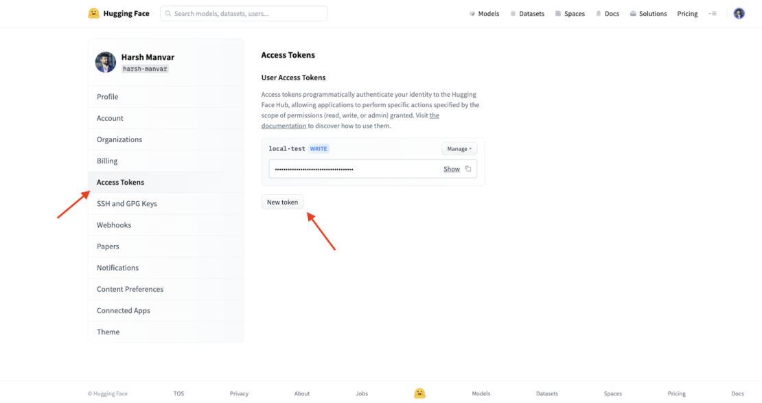 Hugging Faceのプロフィール設定のスクリーンショット。[アクセス トークン] を選択します。