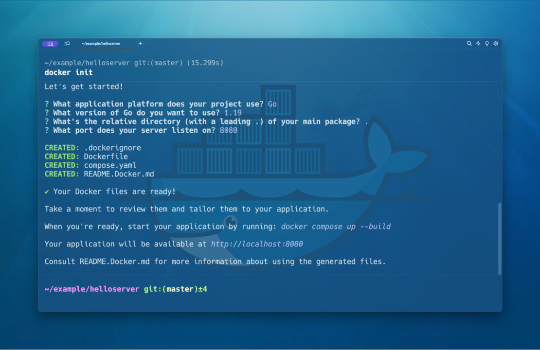 動作中の docker init のスクリーンショット。 テンプレートを選択すると、docker init は必要な Docker リソースを自動的に生成します。