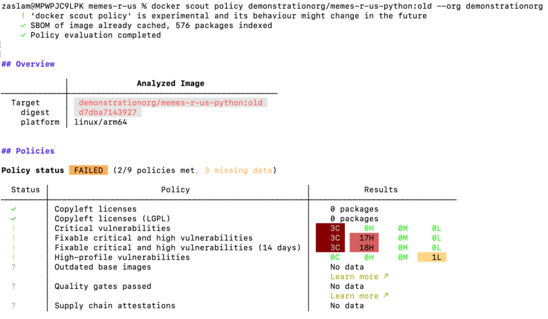 概要とポリシーの状態を含む「docker scout policy」コマンドの出力を示すスクリーンショット。