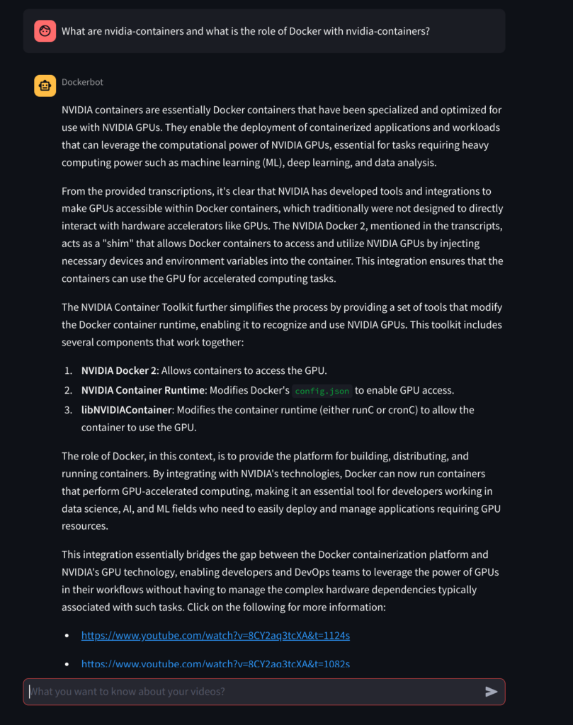Dockerbot と Nvidia コンテナについて質問するユーザーとのやり取りと、ビデオ内の特定のタイムスタンプへのリンクで応答する Dockerbot のスクリーンショット。